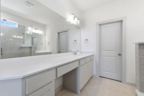 a bathroom with a sink a large mirror and a shower