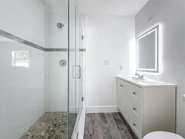 a bathroom with a sink a toilet a shower and a mirror