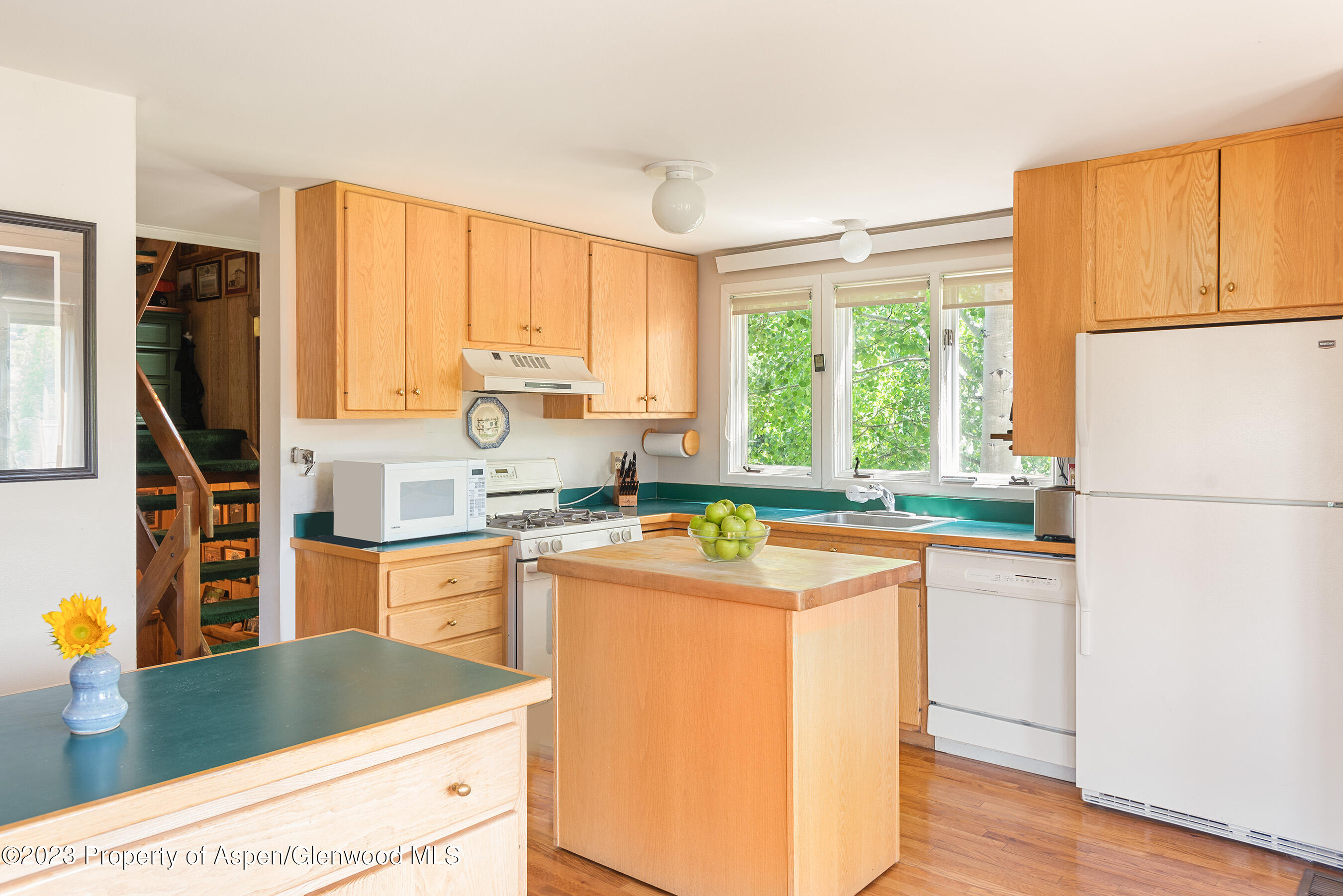 376 Draw Drive Aspen, CO 81612 - Photo 6 of 34 a kitchen with stainless steel appliances granite countertop a sink a stove a refrigerator a washer dryer and white cabinets with wooden floor