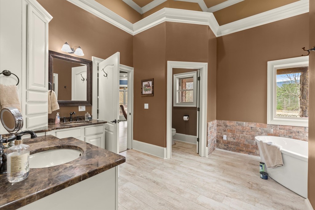 456 East Valley Road Northeast Rydal, GA 30171 - Photo 66 of 98 a bathroom with a granite countertop sink a large mirror and a shower