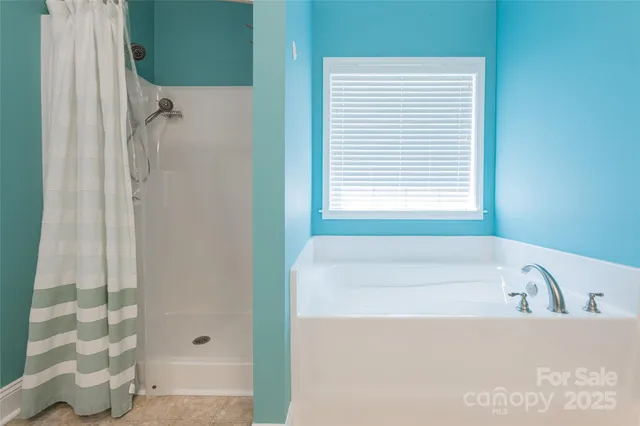a bathroom with a bathtub and shower