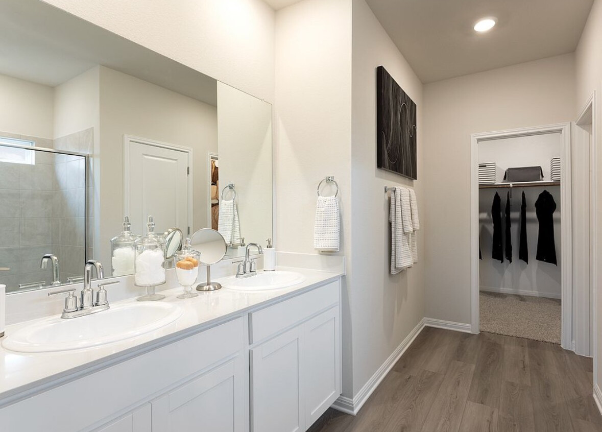126 Short Toed Swoop Cedar Creek, TX 78612 - Photo 9 of 20 Primary bath with double vanity, walk-in shower, and walk-in closet.