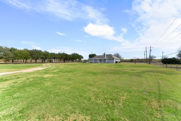 a view of a green field with clear sky