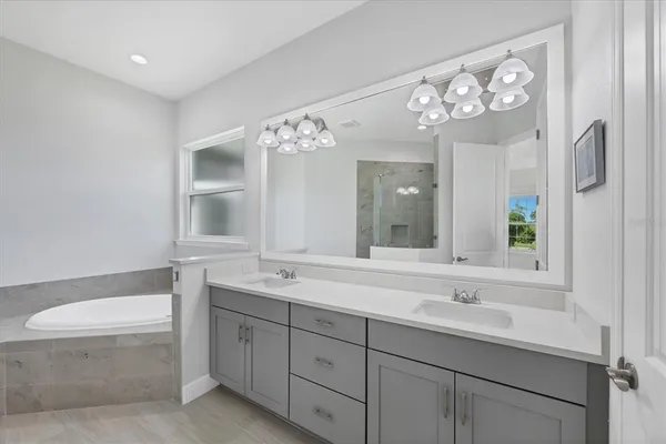 a bathroom with a sink a large mirror and a bathtub with shower