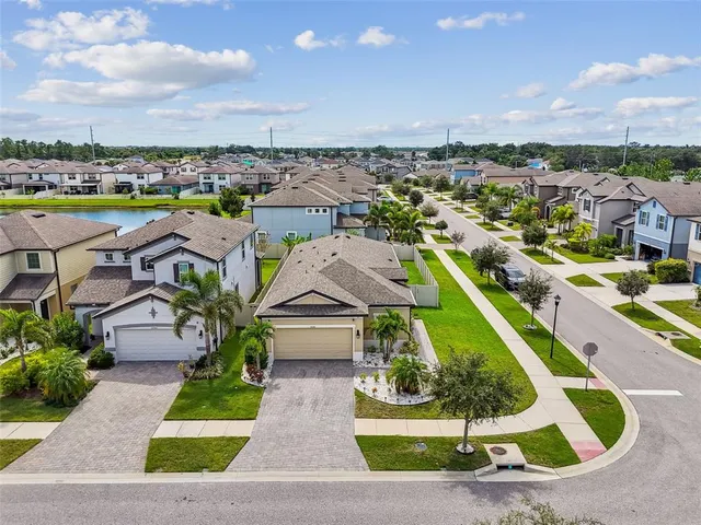 an aerial view of residential houses with outdoor space