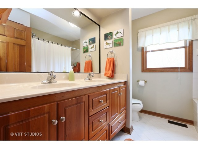 978 Plum Tree Road Fox River Grove, IL 60021 - Photo 22 of 25 a bathroom with a double vanity sink toilet and a mirror
