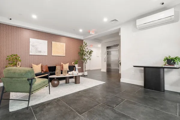a living room with furniture and a potted plant