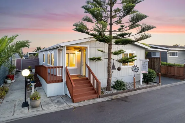 front view of a house with a patio