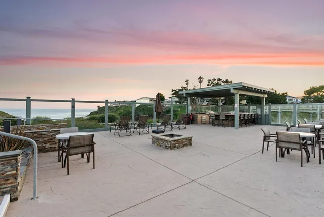 a view of a terrace with city view