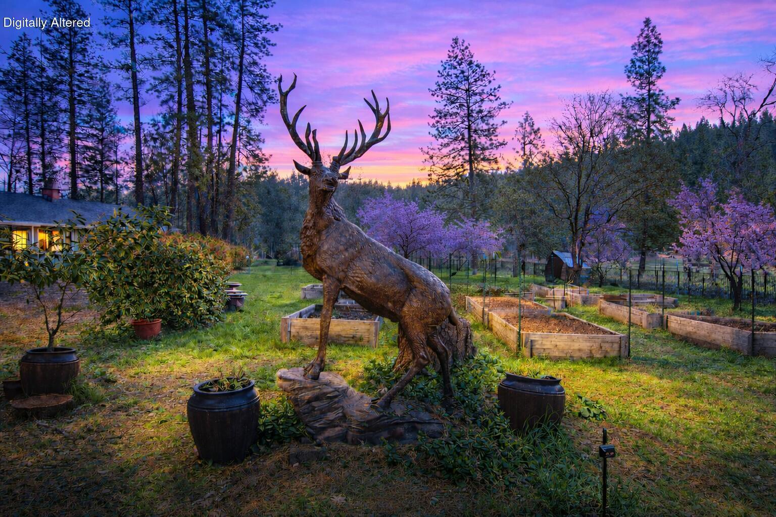 a view of a backyard with plants and a patio