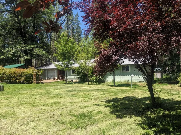 a backyard of a house with barbeque oven and trees
