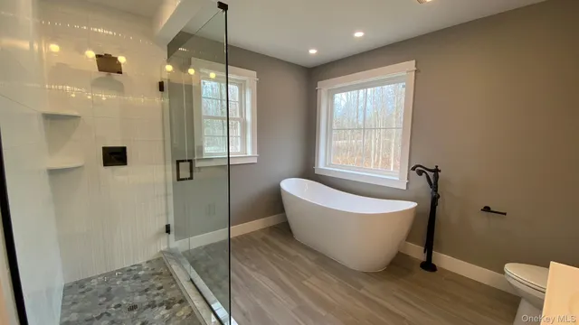 a bathroom with a bathtub and a shower
