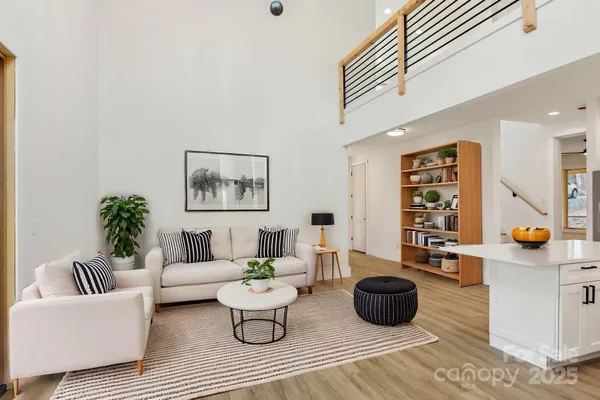 a living room with furniture and a potted plant