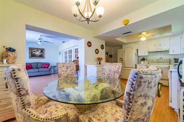 a view of a dining room with furniture