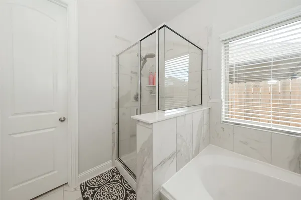 a bathroom with a bathtub and a shower