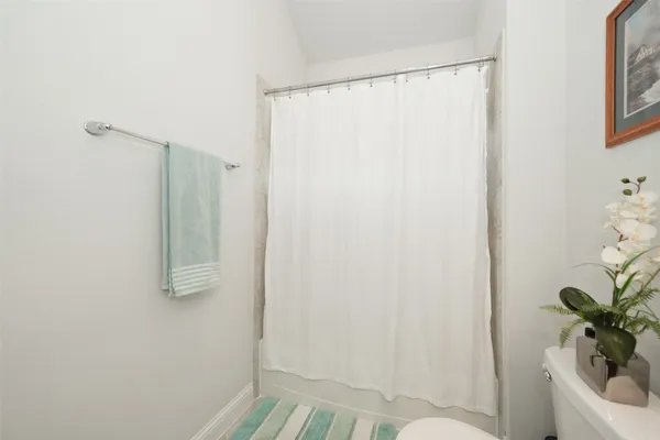 a bathroom with a shower curtain a mirror and a toilet
