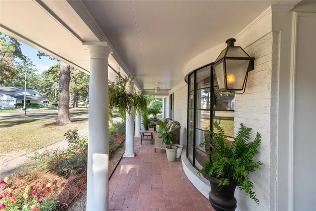 a view of a porch with potted plants