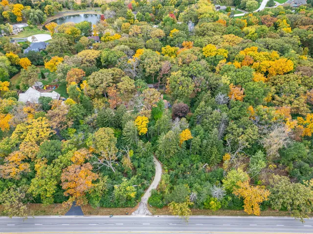 a aerial view of a house with a yard and large trees
