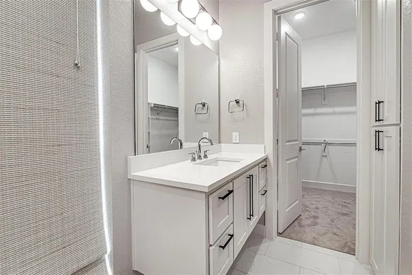 a bathroom with a sink a mirror and a shower