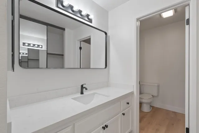 a bathroom with a sink a toilet and a mirror