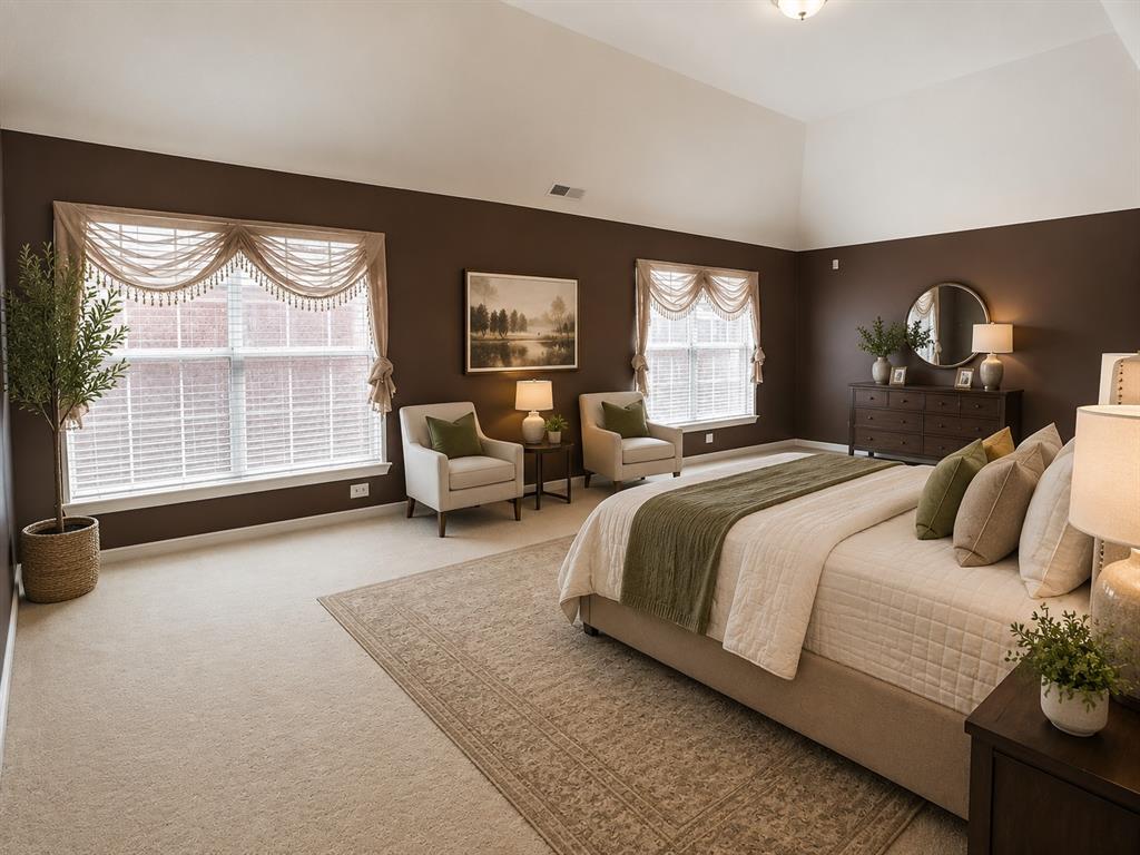 5708 Rickshaw Lane Plano, TX 75094 - Photo 22 of 28 Spacious room featuring vaulted ceilings, plush carpeting, twin windows with blinds, and a built-in dresser