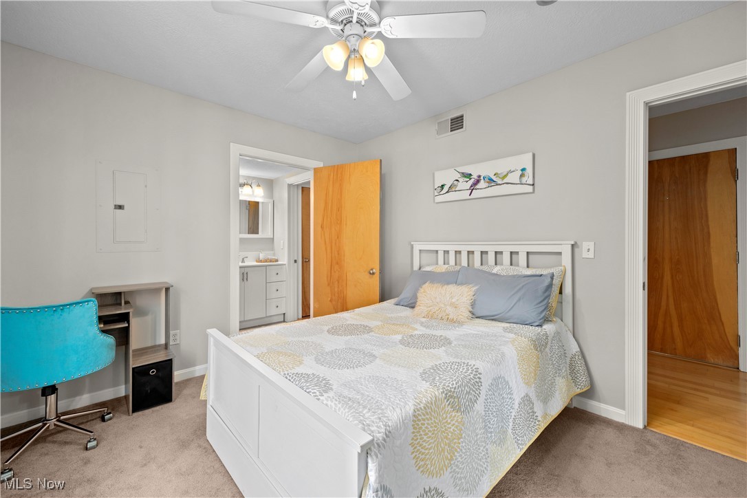 2222 Detroit Avenue, Unit 519 Cleveland, OH 44113 - Photo 18 of 30 Master bedroom featuring ceiling fan, carpet and connected bathroom