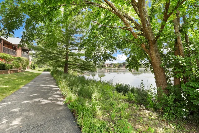 a backyard of a house with lots of green space and lake view