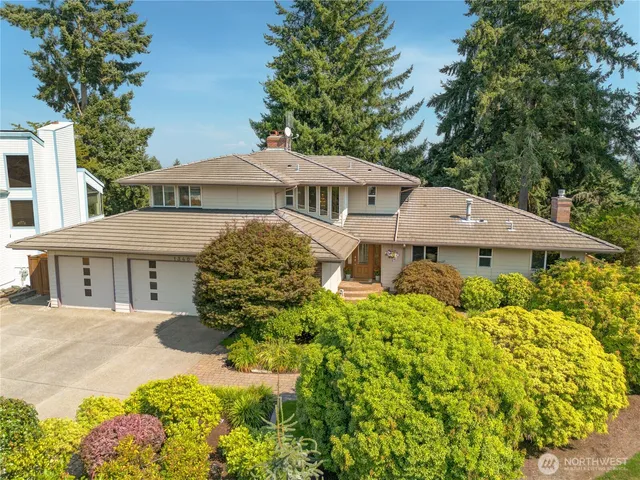 a aerial view of a house with a yard and potted plants