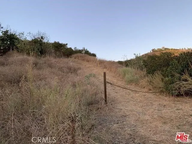 a view of a dry field with trees in the background