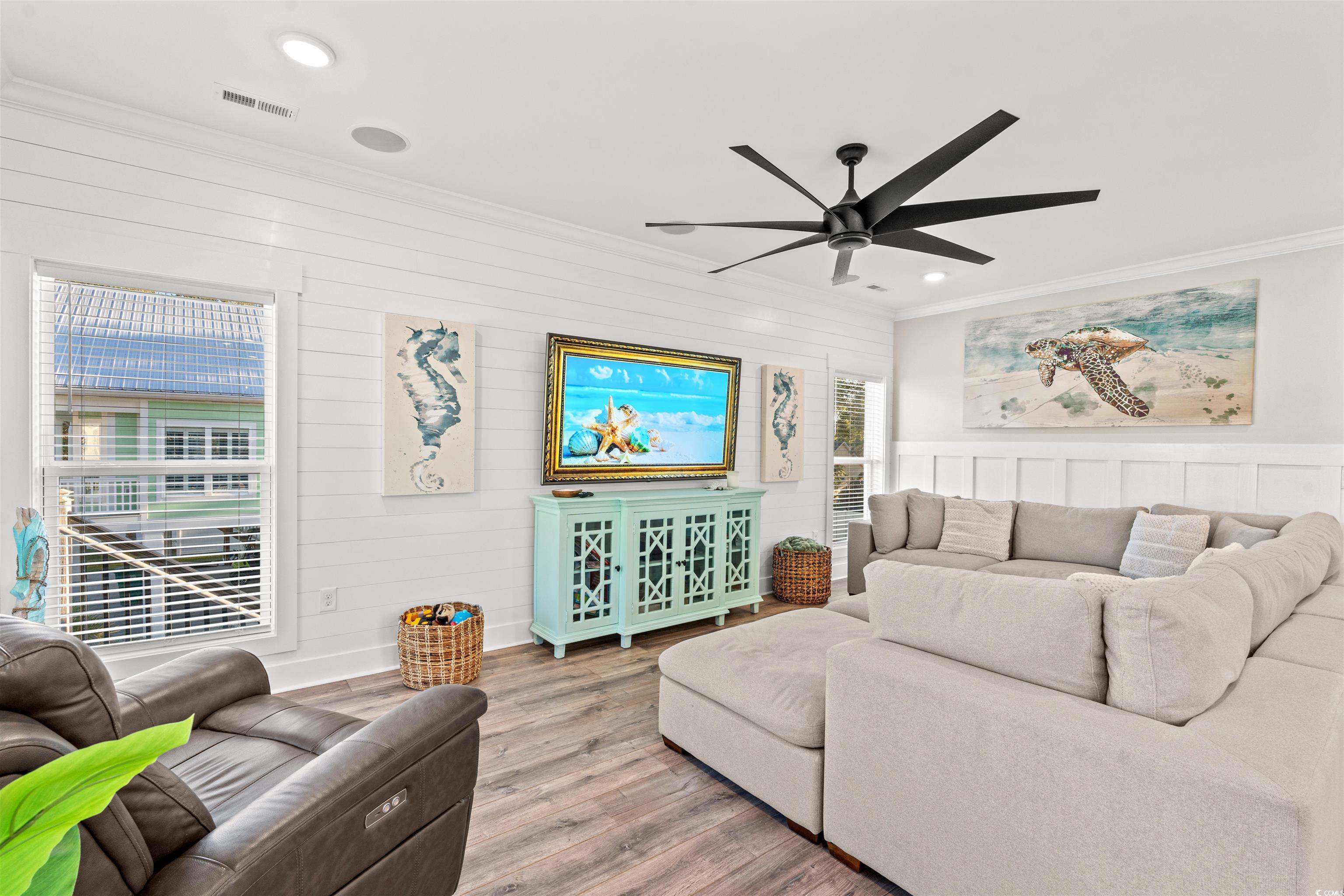355 Oak Avenue Murrells Inlet, SC 29576 - Photo 7 of 34 Living area featuring visible vents, recessed lighting, wood finished floors, ceiling fan, and ornamental molding