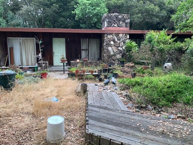 a view of a backyard with plants and chairs