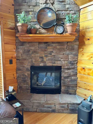 a fireplace with stainless steel appliances