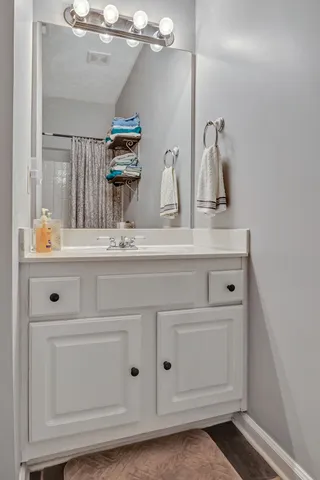 a bathroom with a sink and a mirror