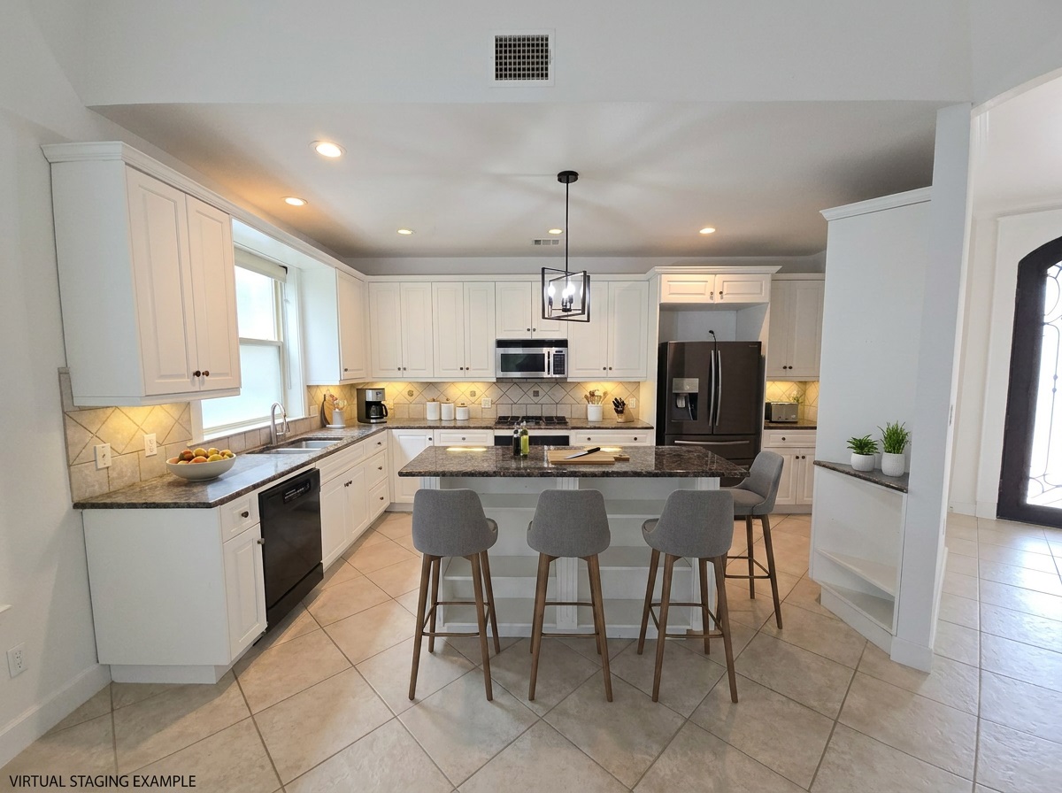 2800 Waymaker Way, Unit 24 Austin, TX 78746 - Photo 4 of 14 Spacious kitchen featuring white cabinetry, granite countertops, tile backsplash, built-in stainless steel appliances, and a central island with seating