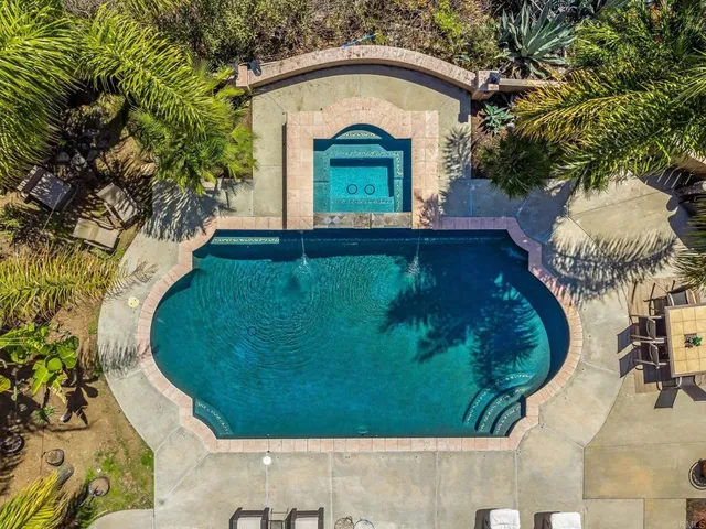 a view of a swimming pool with a garden