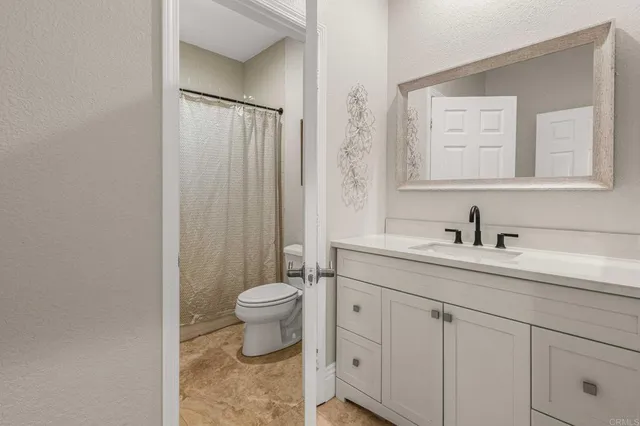 a bathroom with a sink a toilet and a mirror