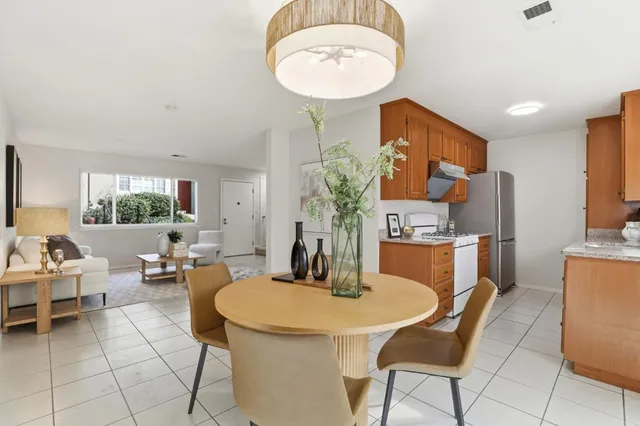 a view of a dining room with furniture