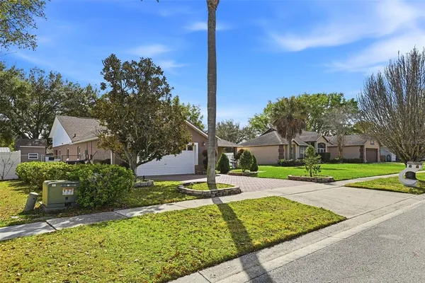 a view of a house with a yard and street