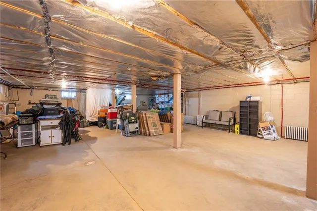 a view of a garage with storage