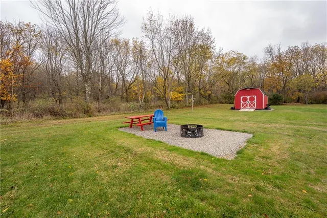 a view of a park with large trees
