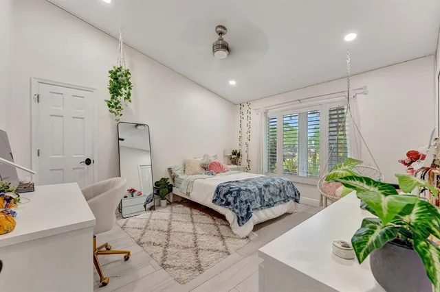 a view of a park with large trees