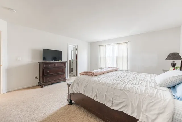 a bedroom with a bed and a television