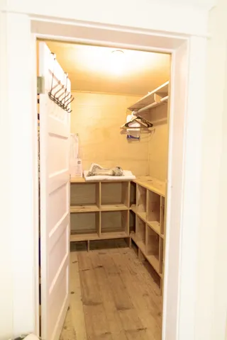 an aerial view of a yard with swimming pool