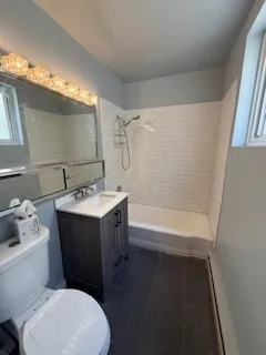 a bathroom with a sink mirror vanity and toilet