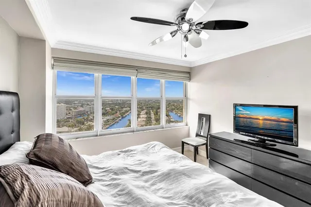a bedroom with a bed and a flat screen tv