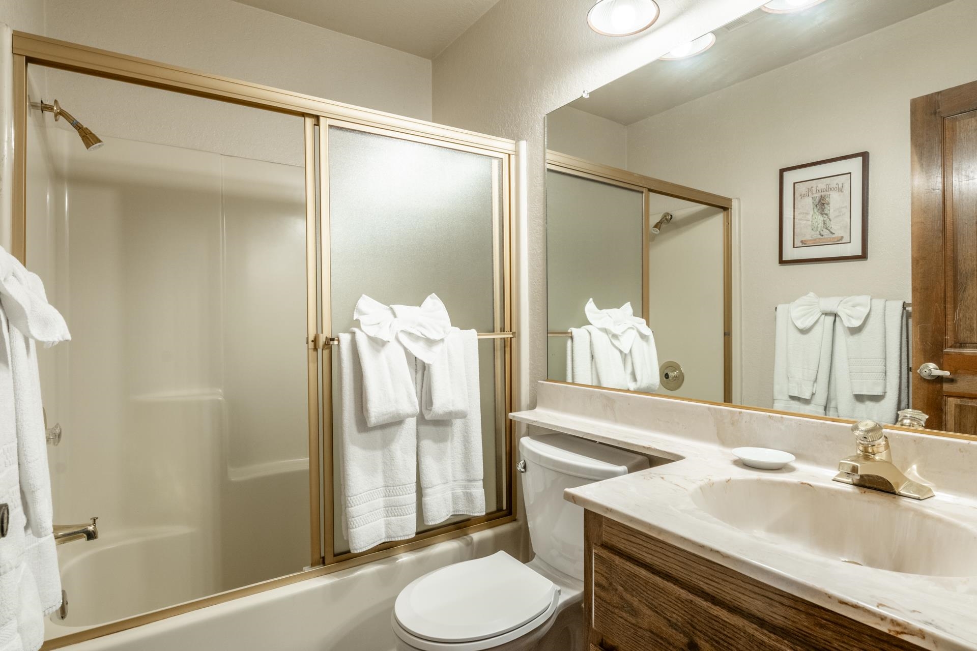 384 Joaquin Road, Unit 36 Mammoth Lakes, CA 93546 - Photo 30 of 36 Bathroom featuring a vanity with a light-toned countertop, integrated sink, and a large mirror with