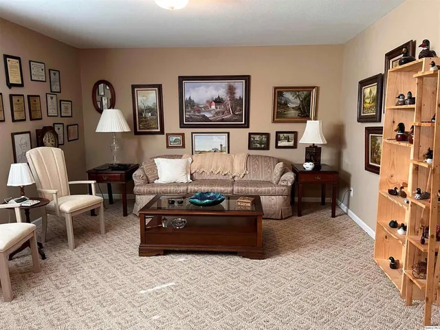 a living room with furniture and a lamp
