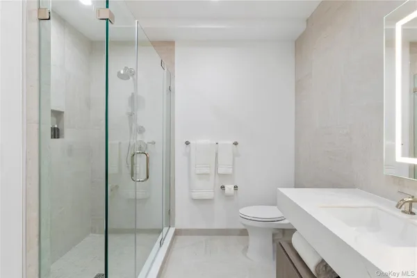 a bathroom with a granite countertop toilet a sink and a shower