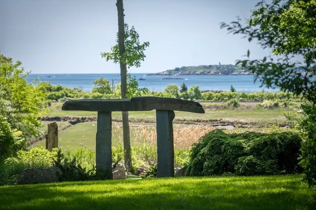 a view of a garden with a lake