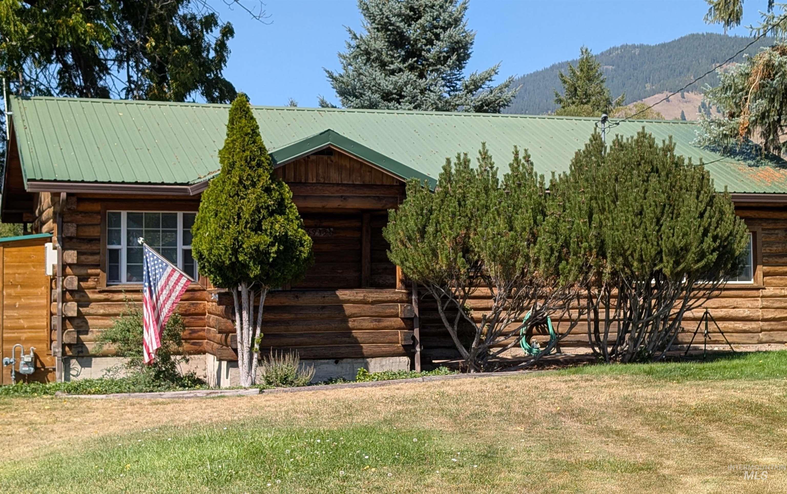 Cabin with log siding, a metal roof, a front yard, and a mountain view